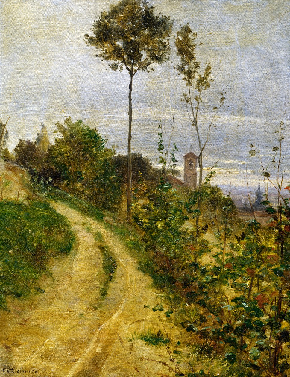 Carretera de la colina (óleo sobre lienzo) de Edoardo Calandra