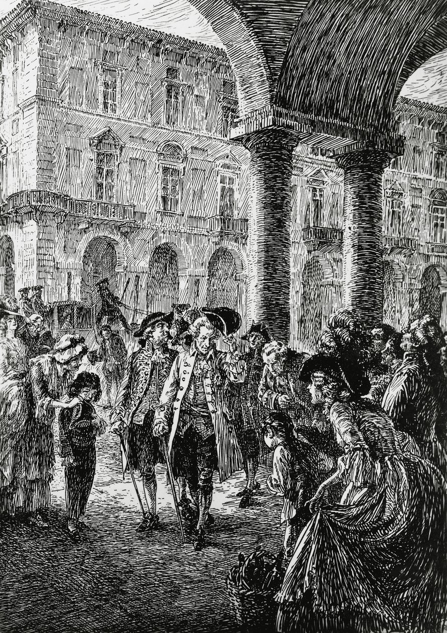 Reunión bajo los soportales de Turín, ilustración para La tormenta, Satet, Turín de Edoardo Calandra