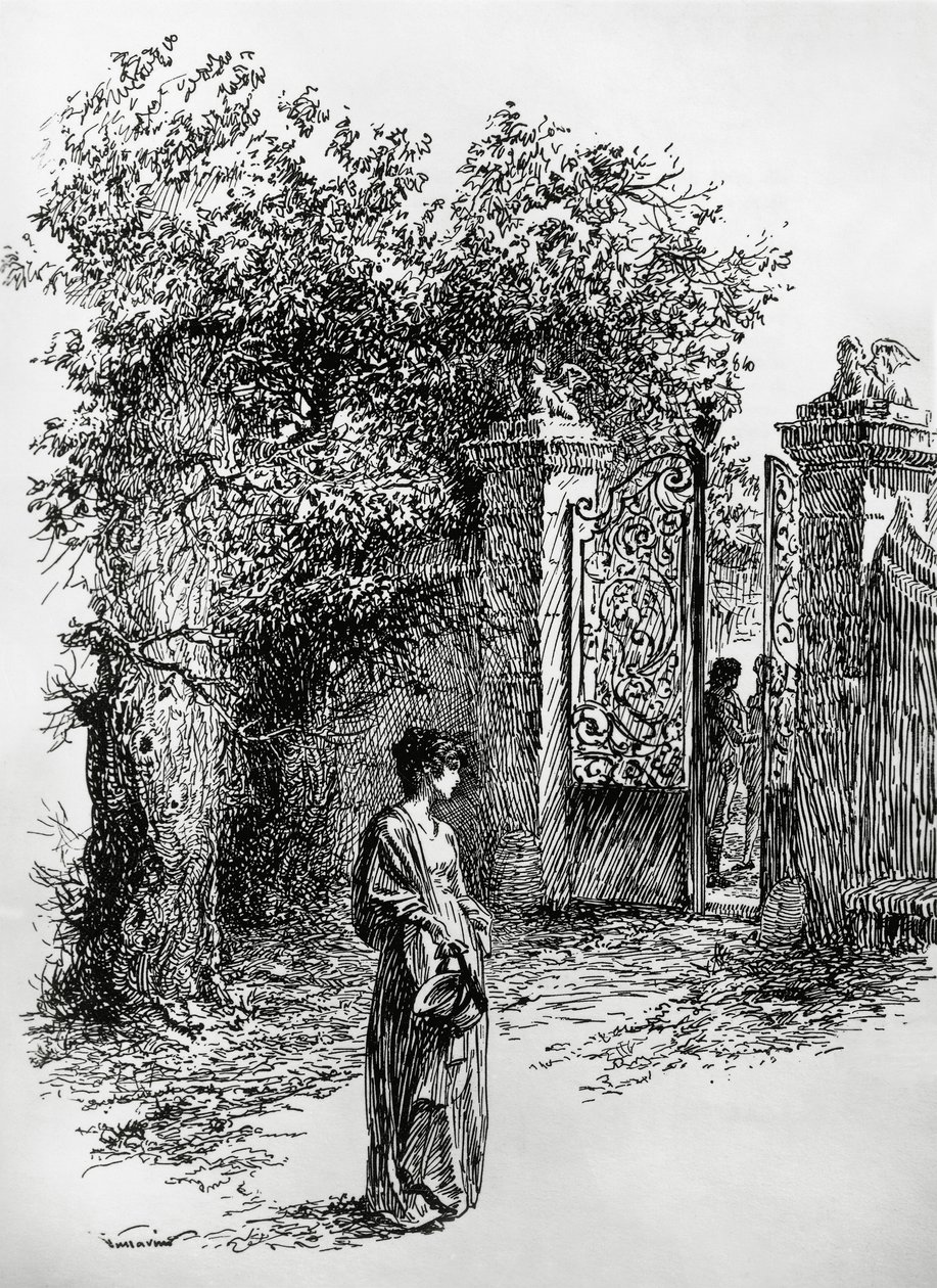 Mujer frente a una puerta, ilustración para La tormenta, Satet, Turín de Edoardo Calandra