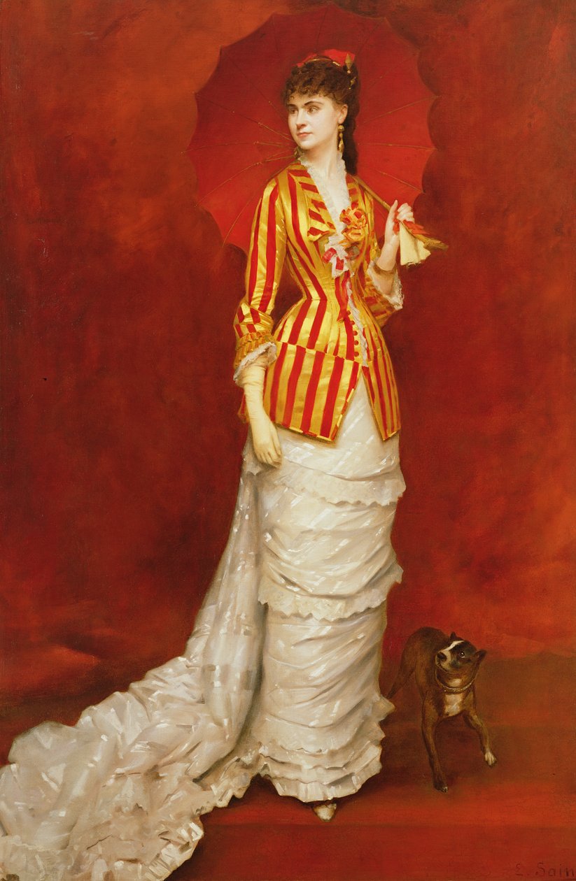 Retrato de una dama con chaqueta a rayas y un parasol de Edouard Alexandre Sain