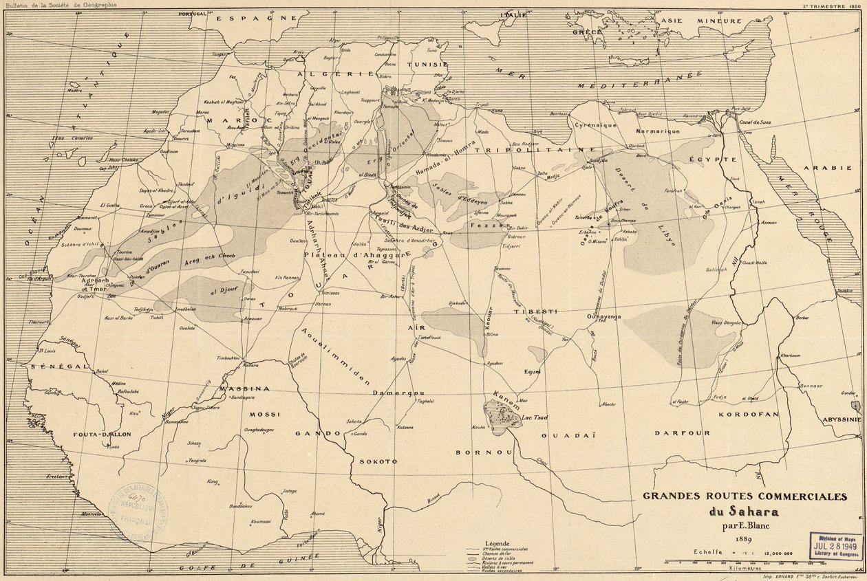 Mapa de 1889 de rutas comerciales transaharianas por el explorador francés Edouard Blanc de Edouard Blanc