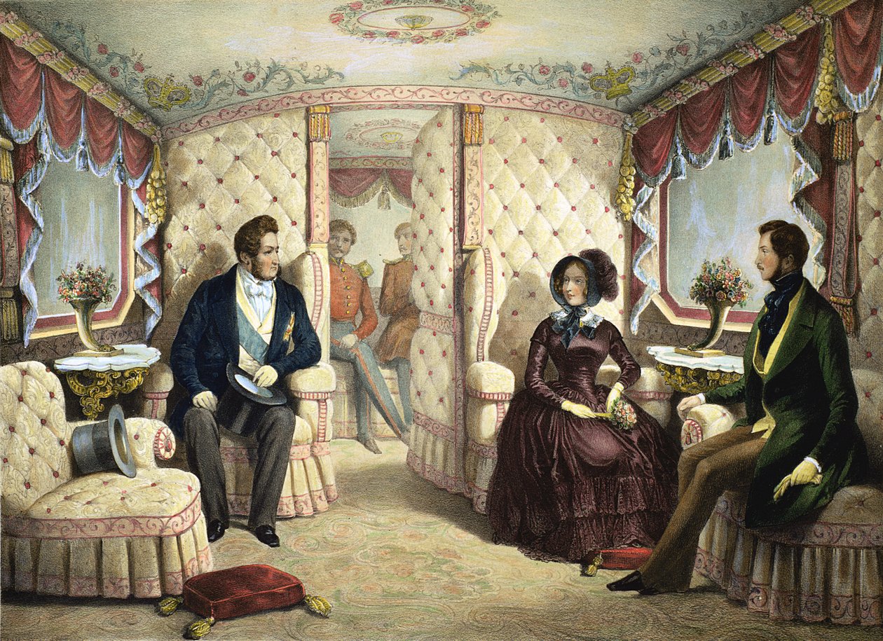Interior del vagón de tren de la Reina, grabado por Jules David (1808-92), c.1844 de Edouard Pingret