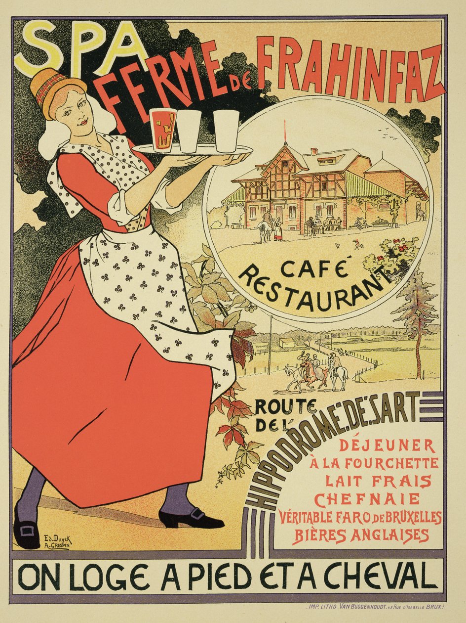 Póster publicitario de la Ferme de Frahinfaz, un café y restaurante cerca de Spa, Bélgica, 1896 de Adolphe Louis Charles Crespin