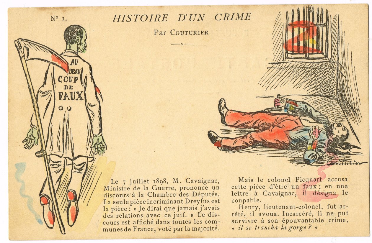 Tarjeta postal, satírica en colores: El caso Dreyfus - Henry Colonel Ilustración de Couturier (1869-1935) de Edouard Couturier