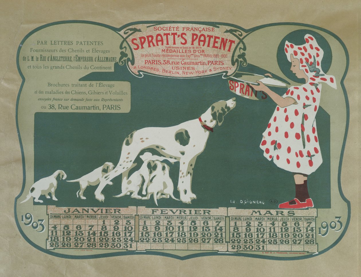 Portada de un calendario que promociona la comida para perros Spratt