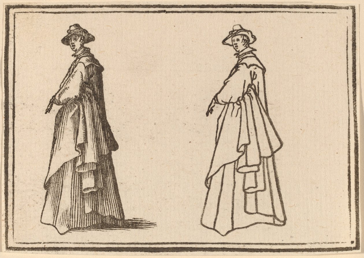 Mujer de pie con un gran abrigo de Edouard Eckman after Jacques Callot