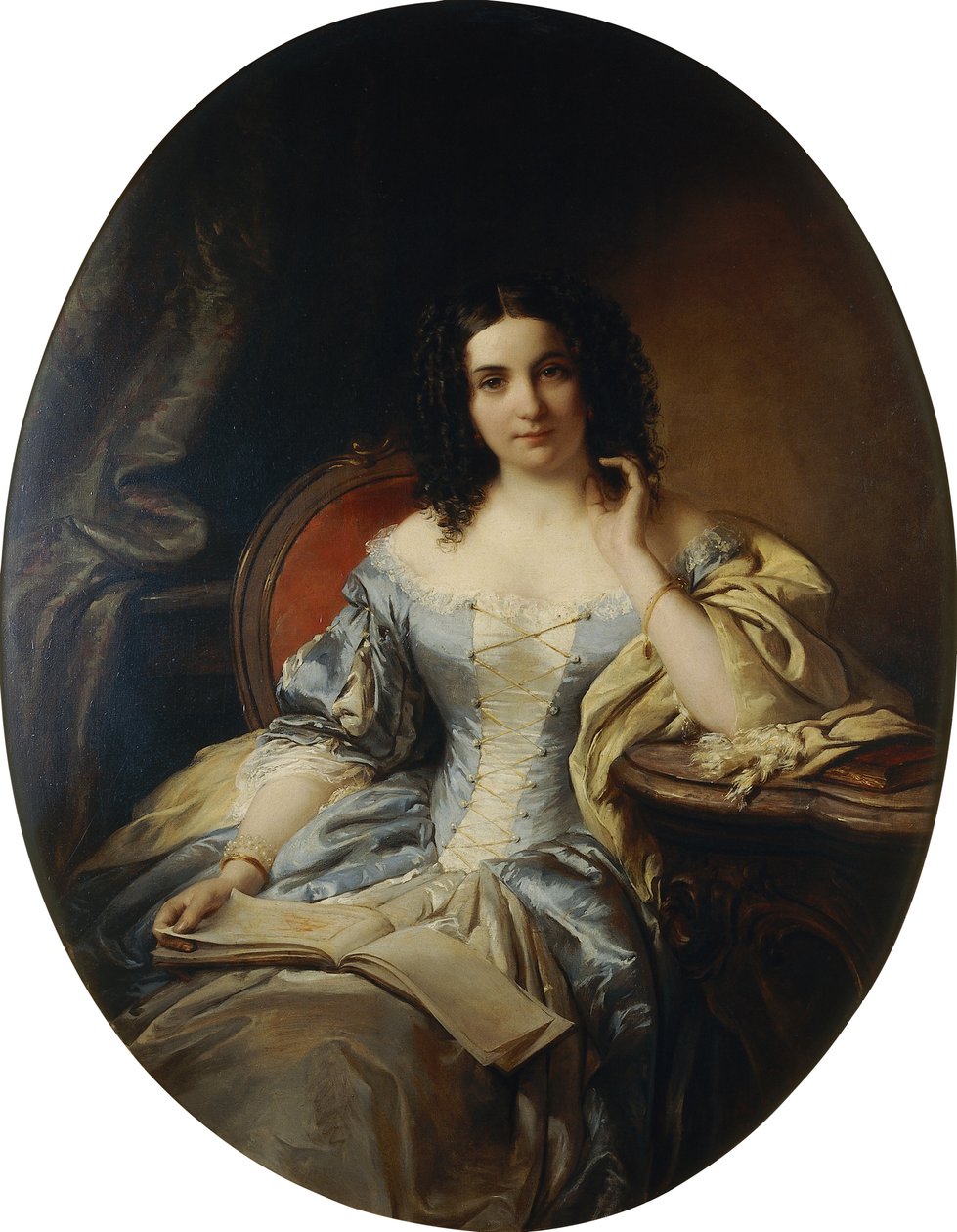 Retrato de una dama sentada con un vestido azul y blanco, 1853 de Edouard Ender