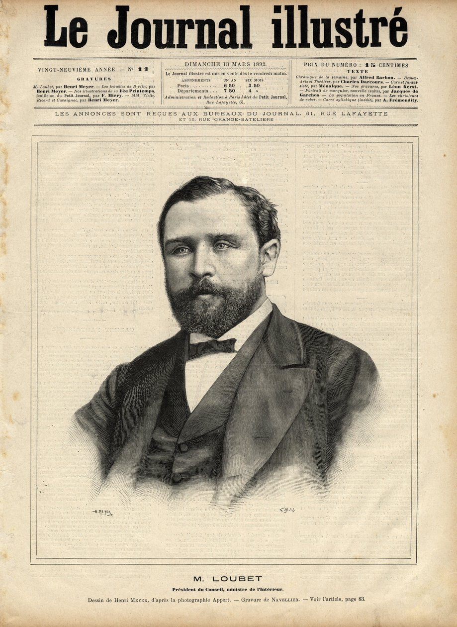 Emile Loubet (1836-1929) en 1892 (presidente del consejo - ministro del interior) Grabado por Navellier en 