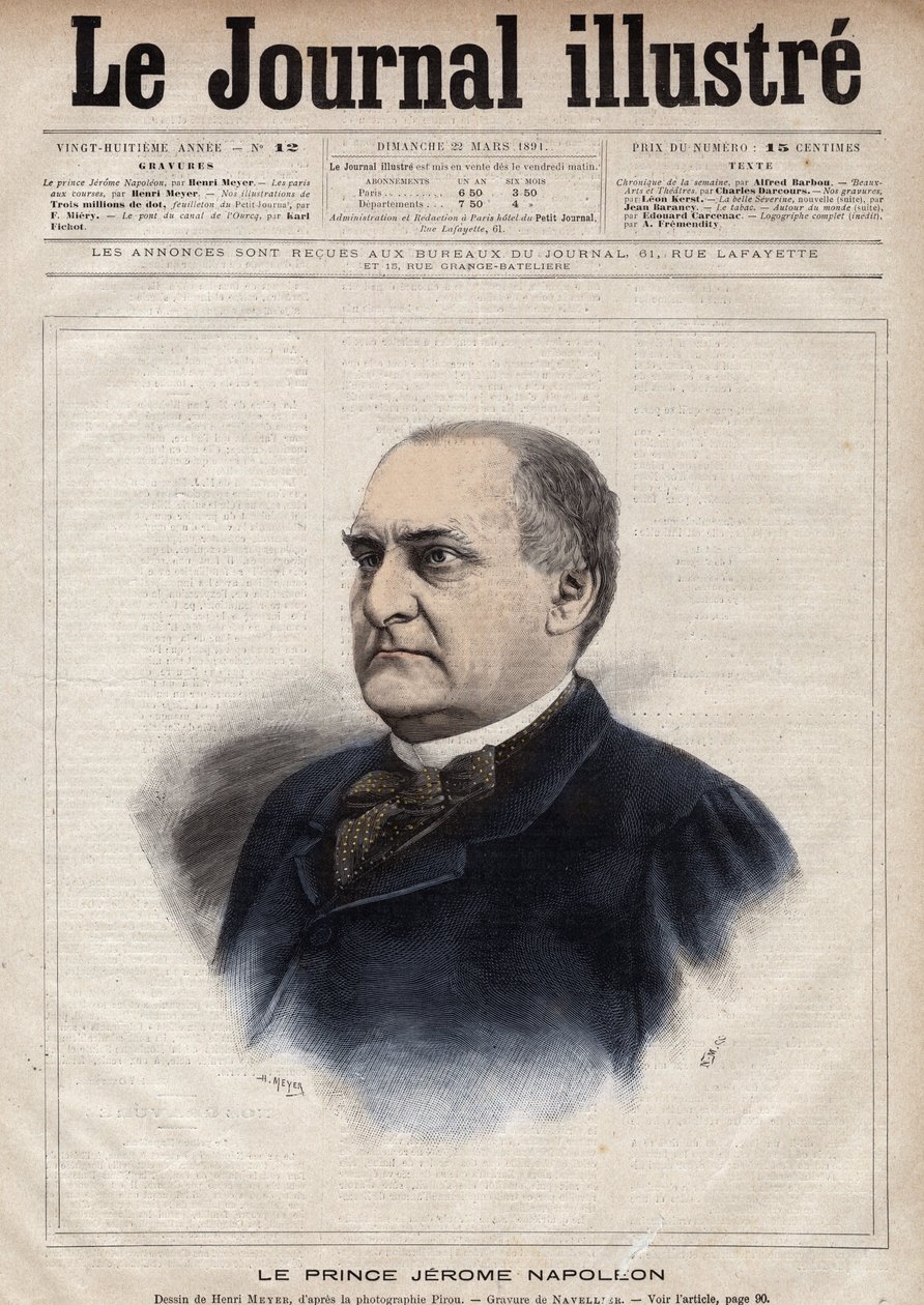 Jerome Bonaparte llamado Plon (Plonplon) (1822-1891) (Napoleón-Jerome Bonaparte o Príncipe Jerome Napoleón), hijo de Jerome Bonaparte (1784-1860) - Grabado de Navellier en “Le journal illustré” de 1891 de Edouard Felicien Eugene Navellier