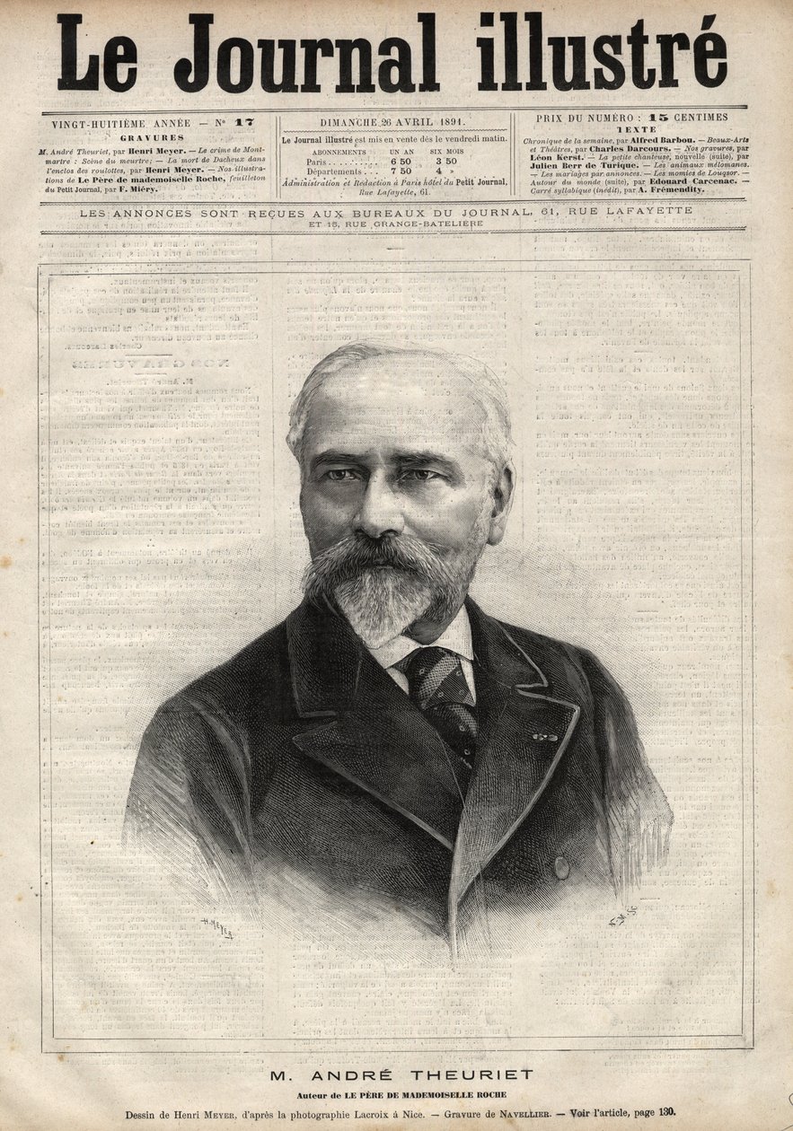 Retrato de André Theuriet (1833-1907), novelista, poeta y académico francés - Grabado por Navellier en “Le journal illustrious” de 1891 de Edouard Felicien Eugene Navellier