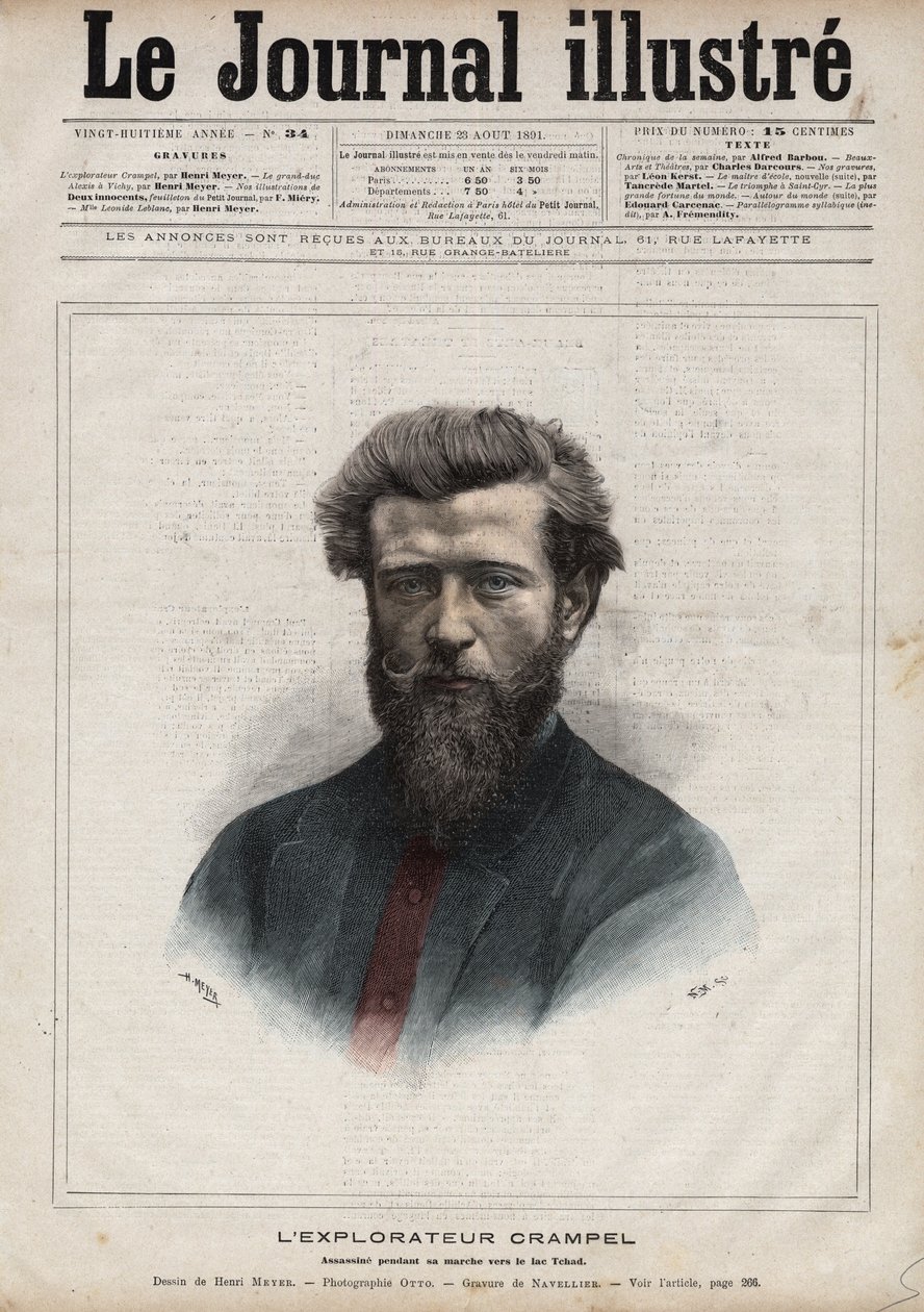 Retrato de Paul Crampel (1864-1891), explorador francés de África Central - Grabado por Navellier en “El Diario Ilustre” de 1891 de Edouard Felicien Eugene Navellier