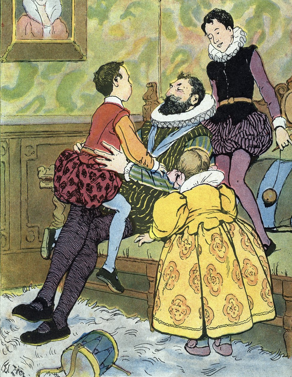Rey de Francia Enrique IV jugando con sus hijos (1553-1610) Ilustración de Edouard Zier en "Nos-Gloriers-Nationales" 1920 Collection privee de Edouard Francois Zier
