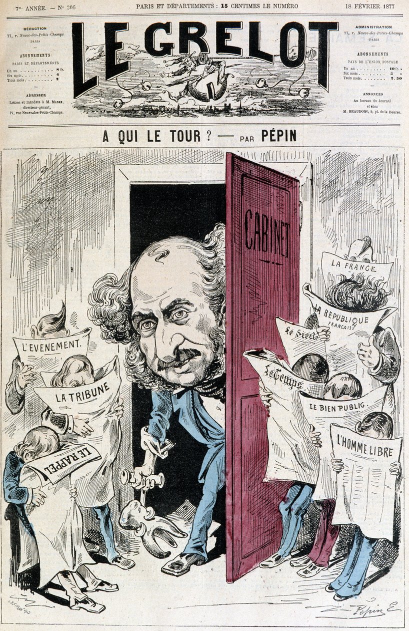 (Caricatura sobre la censura de prensa) - por Pépin, en “Le Grelot” del 18/02/1877 de Edouard Guillaumin Pepin