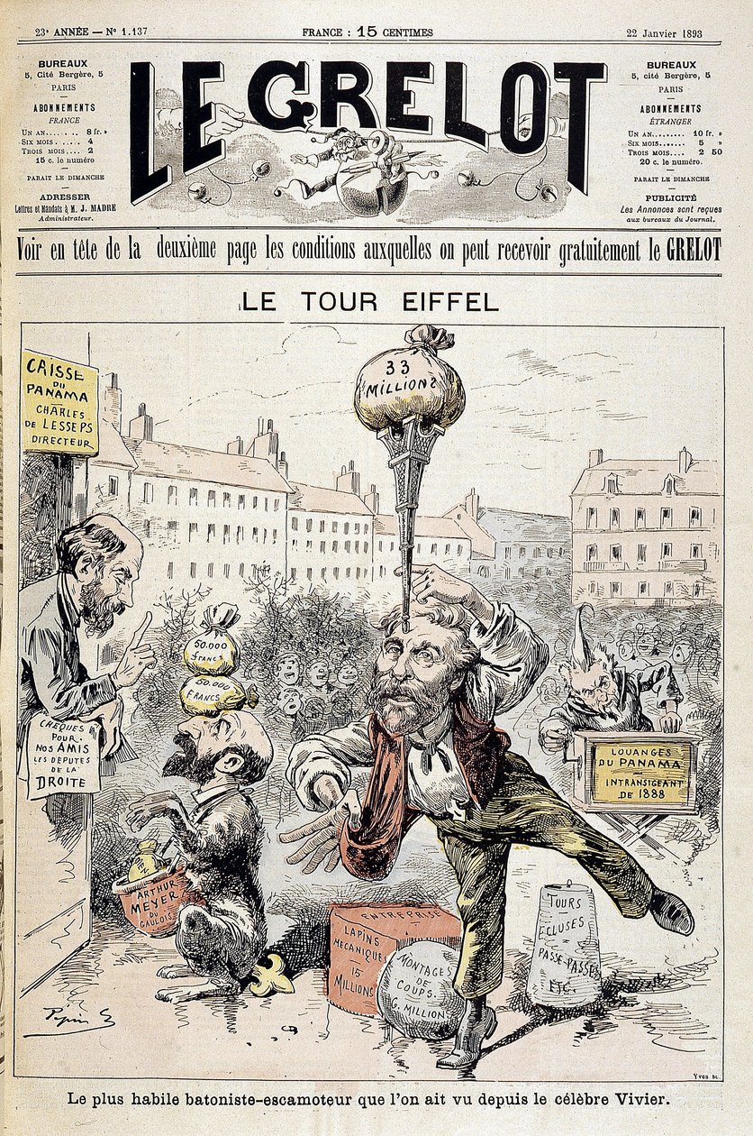 Caricatura sobre escándalos financieros “La Torre Eiffel: el bastonista más hábil - retractador visto desde el famoso Vivier”. Portada “Le Grelot” del 22 de enero de Edouard Guillaumin Pepin