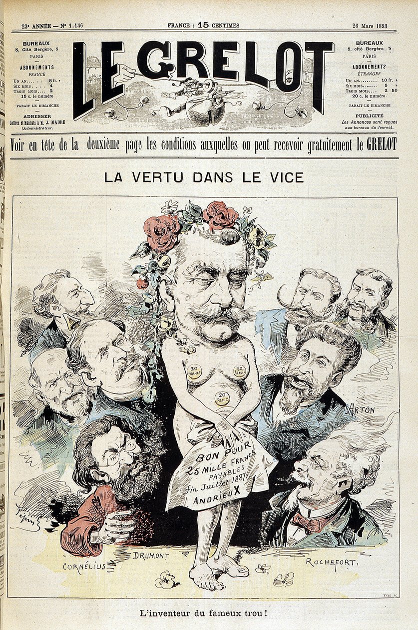 Caricatura sobre el escándalo de Panamá: "Virtud en el vicio: ¡el inventor del famoso agujero!" - Portada de "Le Grelot" del 26 de marzo de Edouard Guillaumin Pepin
