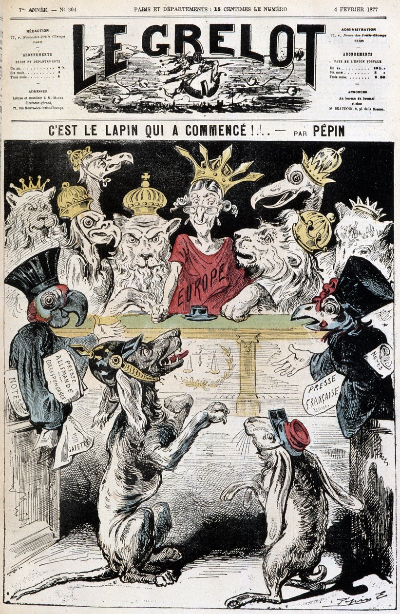 ¡El conejo ha comenzado! - Caricatura sobre el conflicto franco-alemán, un perro con casco prusiano denuncia a un conejo con gorra del ejército francés, ante un tribunal presidido por Europa y contiene aves de presa y coronas - Ilustración de Edouard Pepin de Edouard Guillaumin Pepin