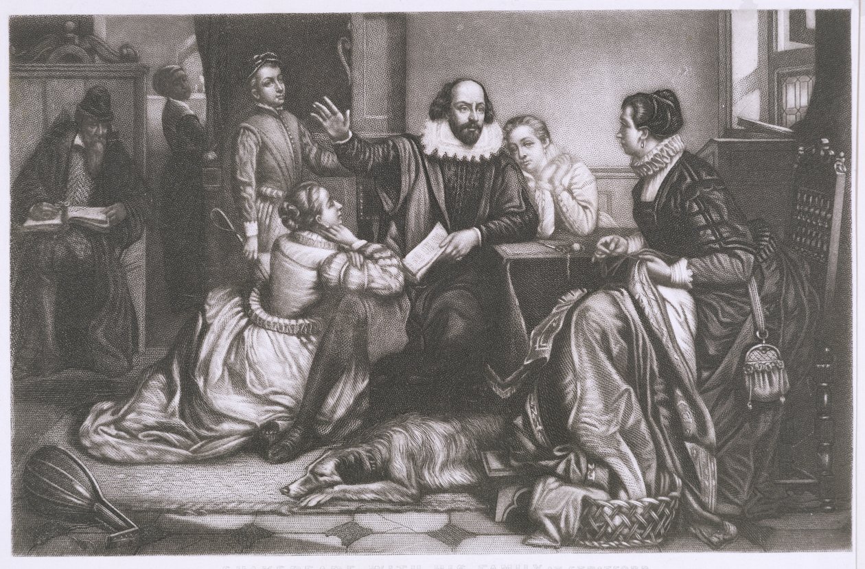 Shakespeare con su familia, en Stratford, recitando la tragedia Hamlet de Edouard Jean Conrad Hamman