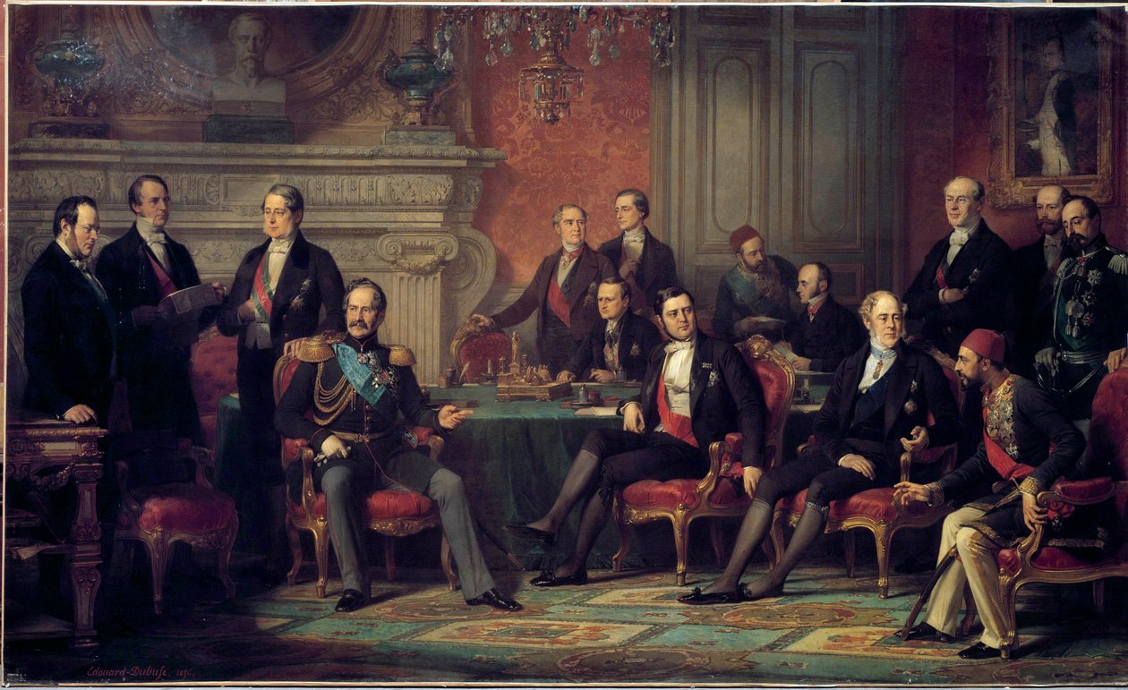 El Congreso de París del 25 de febrero al 30 de marzo de 1856 se reunió al final de la Guerra de Crimea, por Napoleón III con los Ministros de Relaciones Exteriores de los Estados Europeos de Edouard Louis Dubufe