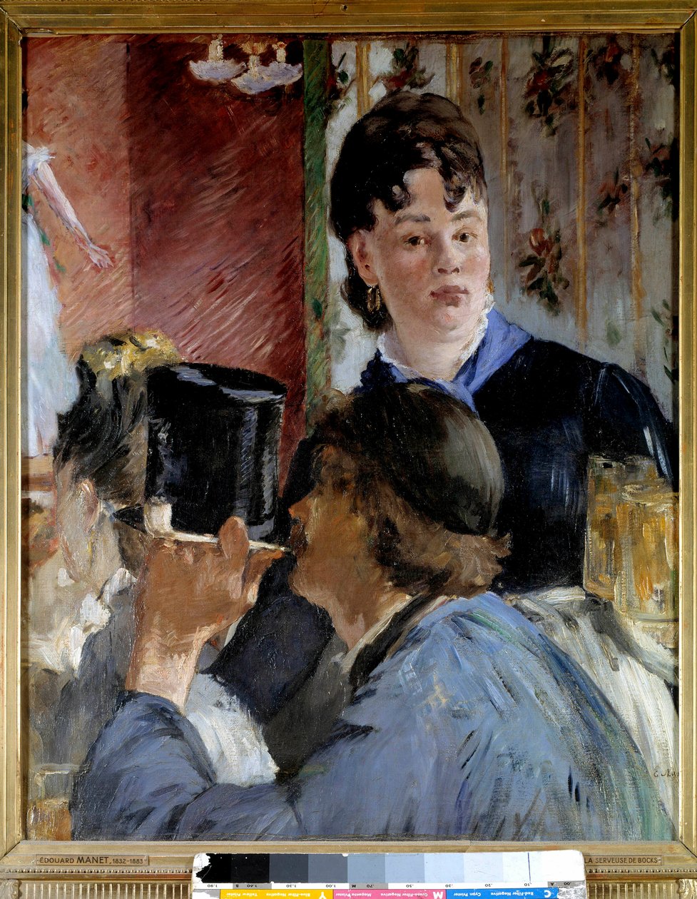 Una joven sirve cerveza a invitados elegantes y populares de Édouard Manet