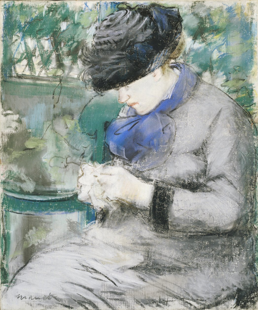 Niña sentada en el jardín, o tejiendo de Édouard Manet