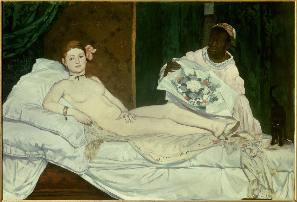 Olympia. Joven desnuda en una cama con su criada negra trayéndole un ramo de flores de Édouard Manet