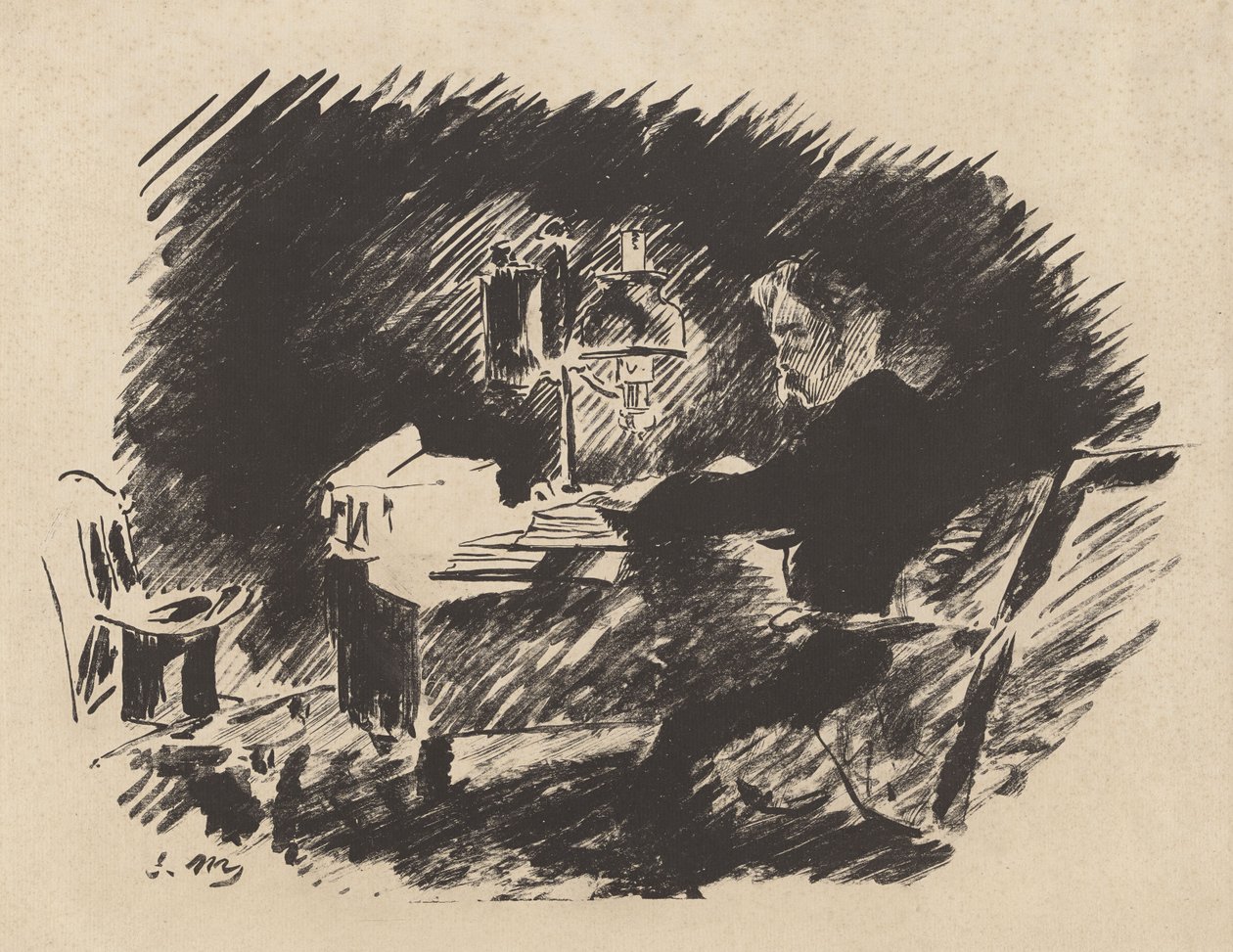 Bajo la lámpara, de la traducción de Stéphane Mallarmé de El cuervo de Edgar Allan Poe de Édouard Manet