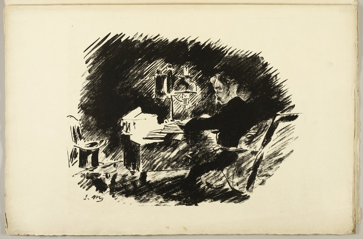 Bajo la lámpara ("Érase una vez en una medianoche lúgubre..."), de El Cuervo (Le Corbeau) de Édouard Manet