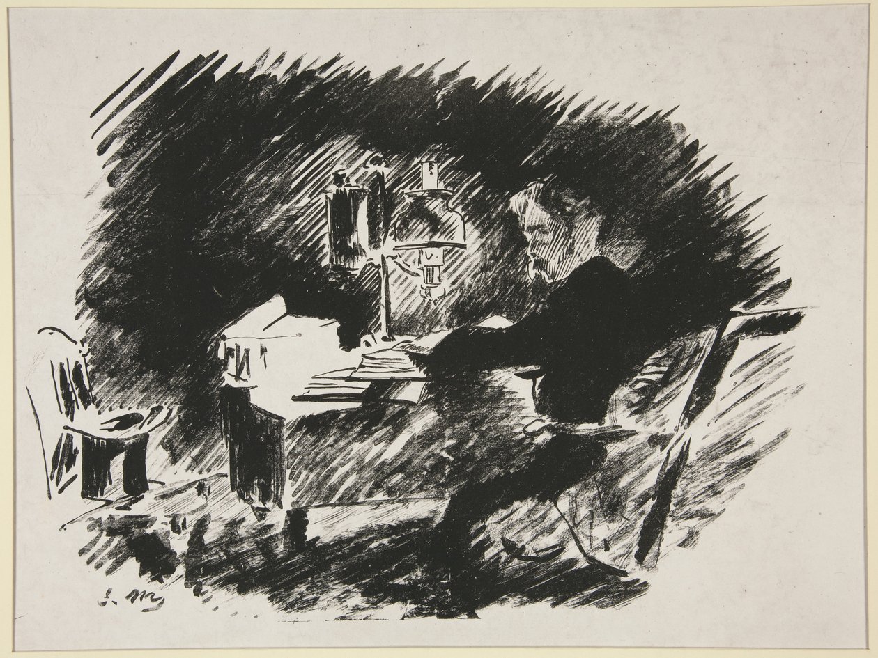 Bajo la lámpara, primera ilustración de la traducción de Mallarmé de «El cuervo» de Poe de Édouard Manet
