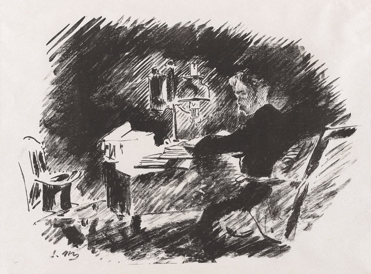 Bajo la lámpara, de la traducción de Stéphane Mallarmé de El cuervo de Edgar Allan Poe de Édouard Manet