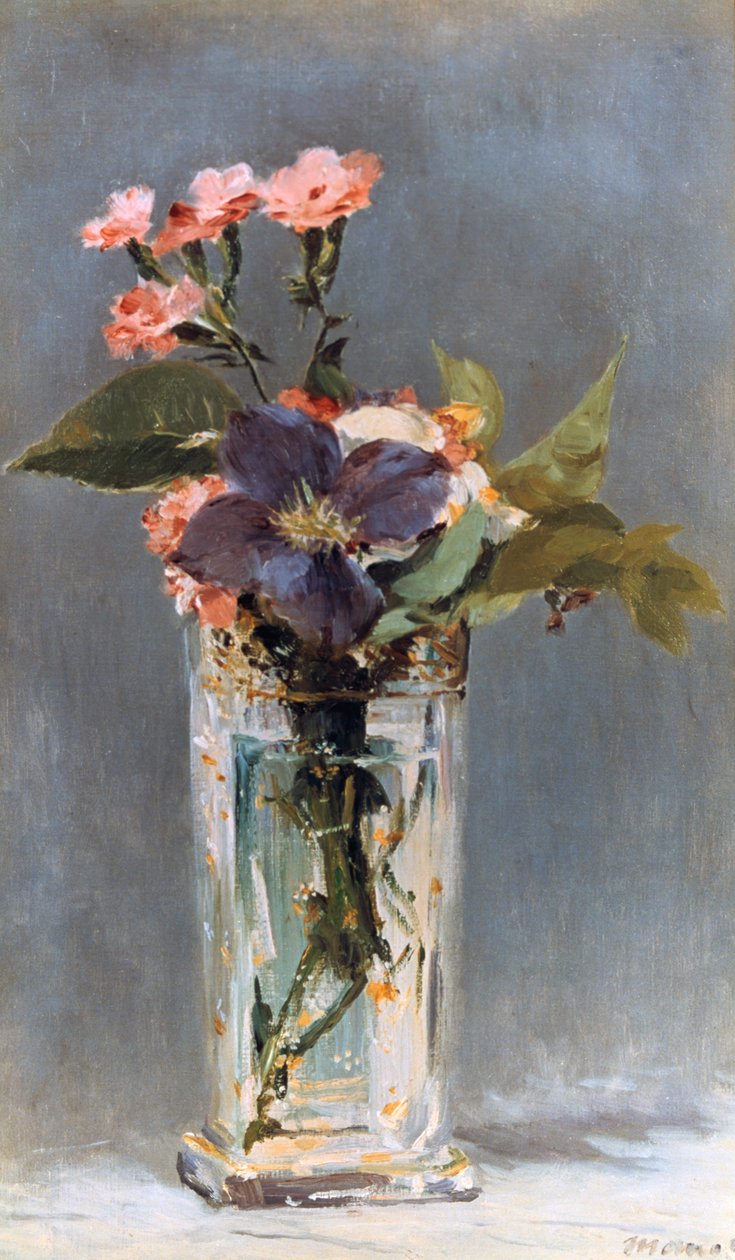 Violetas y clemátides en un jarrón de cristal de Édouard Manet