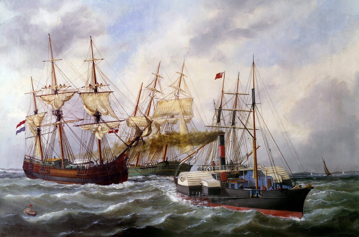 Dos remolcadores de tres mástiles por Le Neptune en Le Havre en 1882 de Edouard Marie Adam