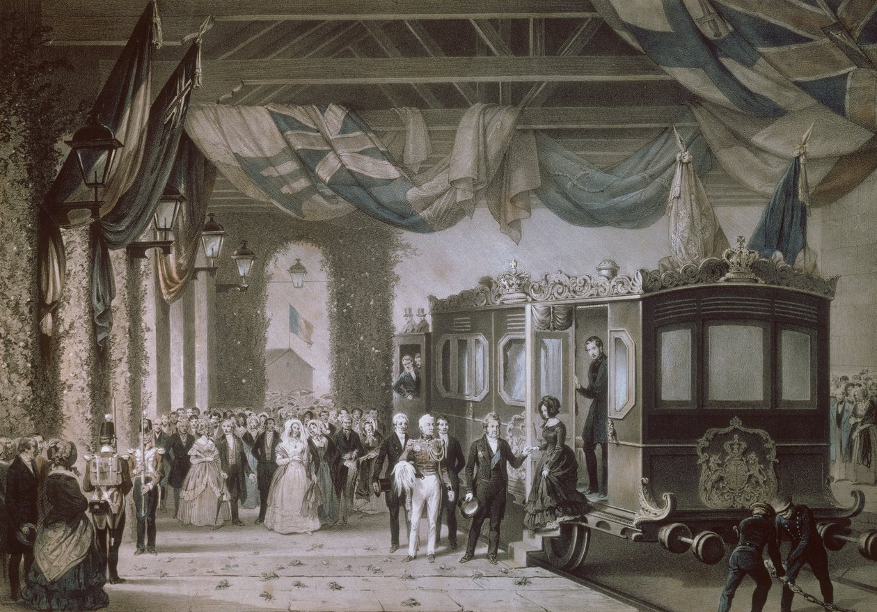 La Reina Victoria y el Príncipe Alberto llegando a la estación de Gosport, Hampshire, grabado por Bayot & Cuvilier, 1846 de Edouard Pingret