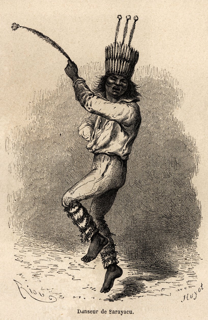 Una bailarina en Sarayacu (Perú), dibujo de Riou, para ilustrar el viaje de Paul Marcoy del Océano Pacífico al Océano Atlántico de 1848 a 1860. Grabado en "Le tour du monde", editado por Edouard Charton de Edouard Riou