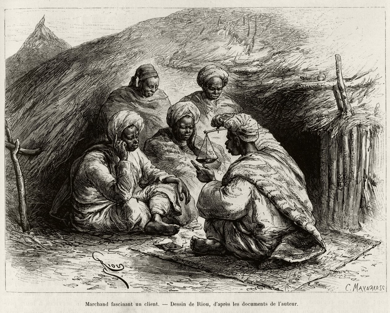 Un comerciante fascinando a un cliente, sentado en el suelo, en una pequeña estera, hace el artículo sosteniendo una balanza. Grabado de Riou, para ilustrar la historia Desde el Níger hasta el Golfo de Guinea, por el Capitán Louis Gustave Binger (1856-1936 de Edouard Riou