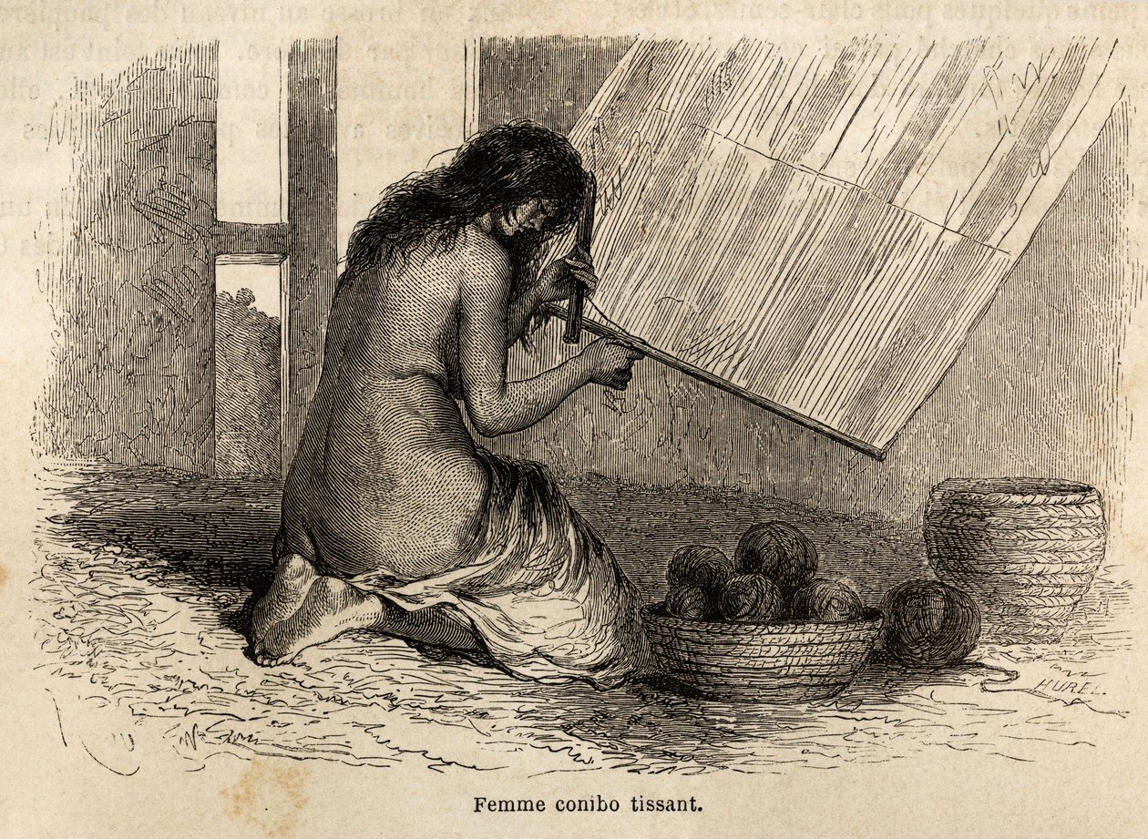 Un indio Conibo de Perú tejiendo, dibujo de Riou para ilustrar el viaje de 1848 a 1860 de P. Marcoy. Grabado en 