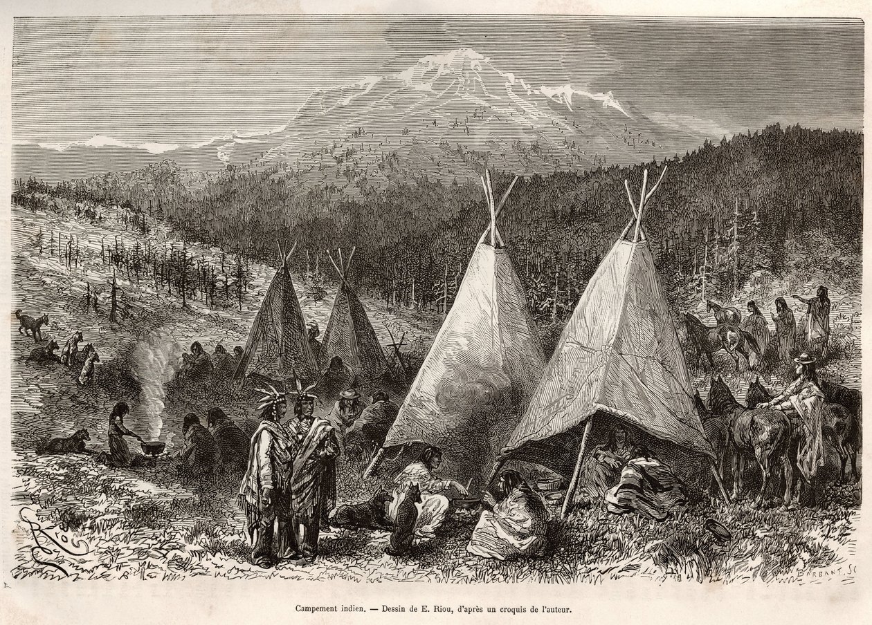 Un campamento indio, en el territorio de Utah, a orillas del río Verde. Grabado según el dibujo de E.Riou, para ilustrar la historia La conquista blanca, por William Hepworth Dixon, en 1875, publicado en 
