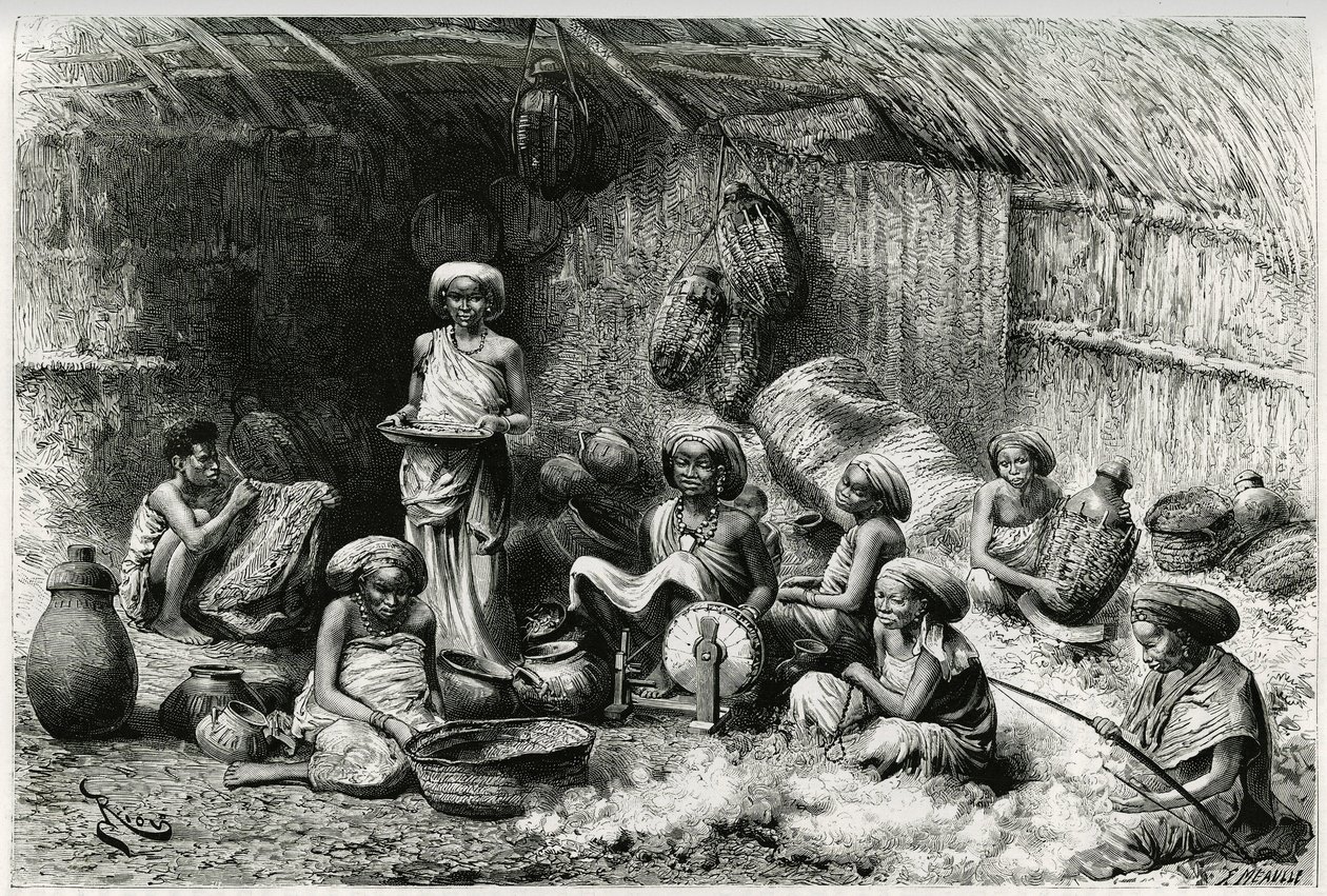 Una tarde en la favorita del jeque de los Gobrons, actividades de mujeres: bordado y hilado de lana, mimbre y cerámica. Grabado de Riou, para ilustrar la historia “Voyage chez les Benadir, les somalis et les Bayoun”, en 1882-1883, de Georges Revoil. de Edouard Riou