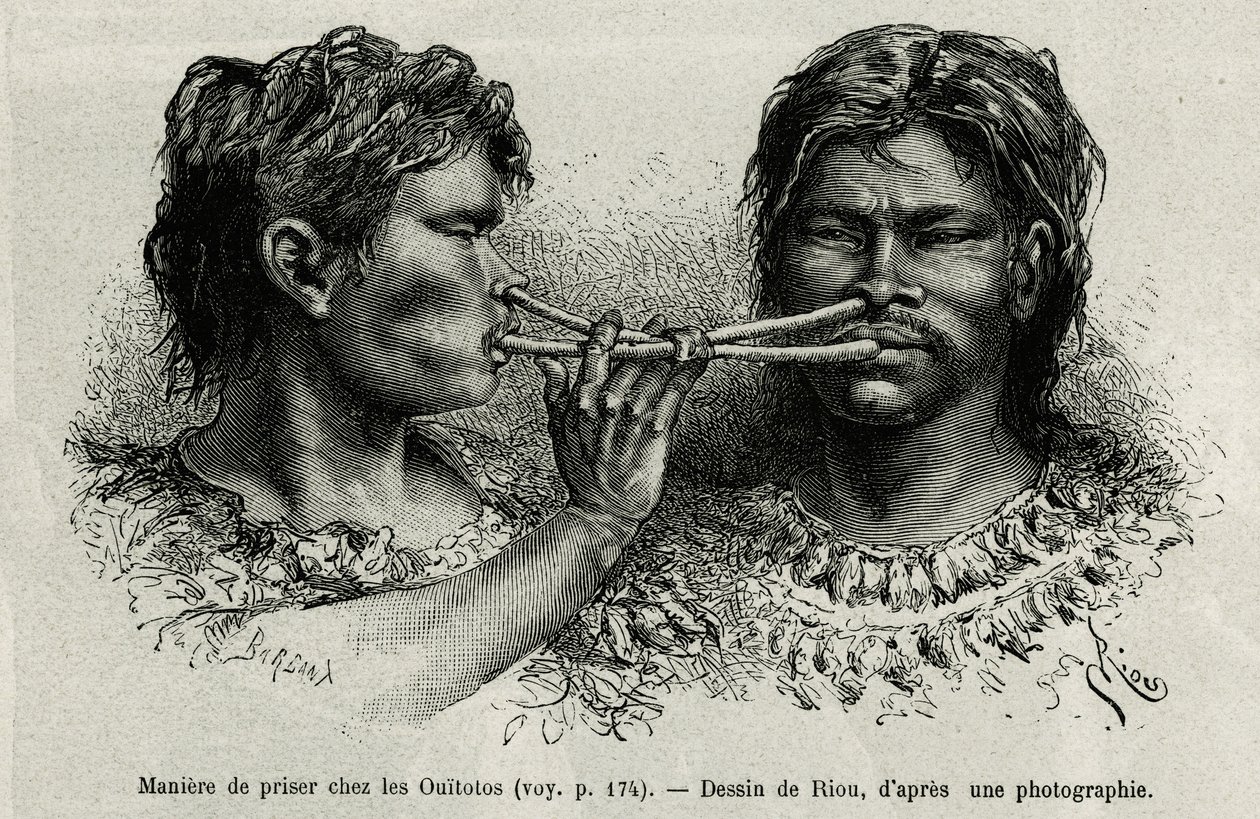 Un instrumento hecho de hueso de pájaro y una forma de inhalar entre los indios ouitotos (uitoto), soplando al unísono, envían simultáneamente la dosis. Grabado de Riou, para ilustrar la historia de Cayena a los Andes, por Jules Crevaux, médico de la marin de Edouard Riou