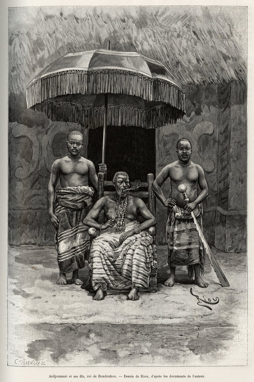 Ardjoumani (fallecido en 1892) y sus hijos, rey de Bondoukou (Costa de Marfil) (grabado) de Edouard Riou
