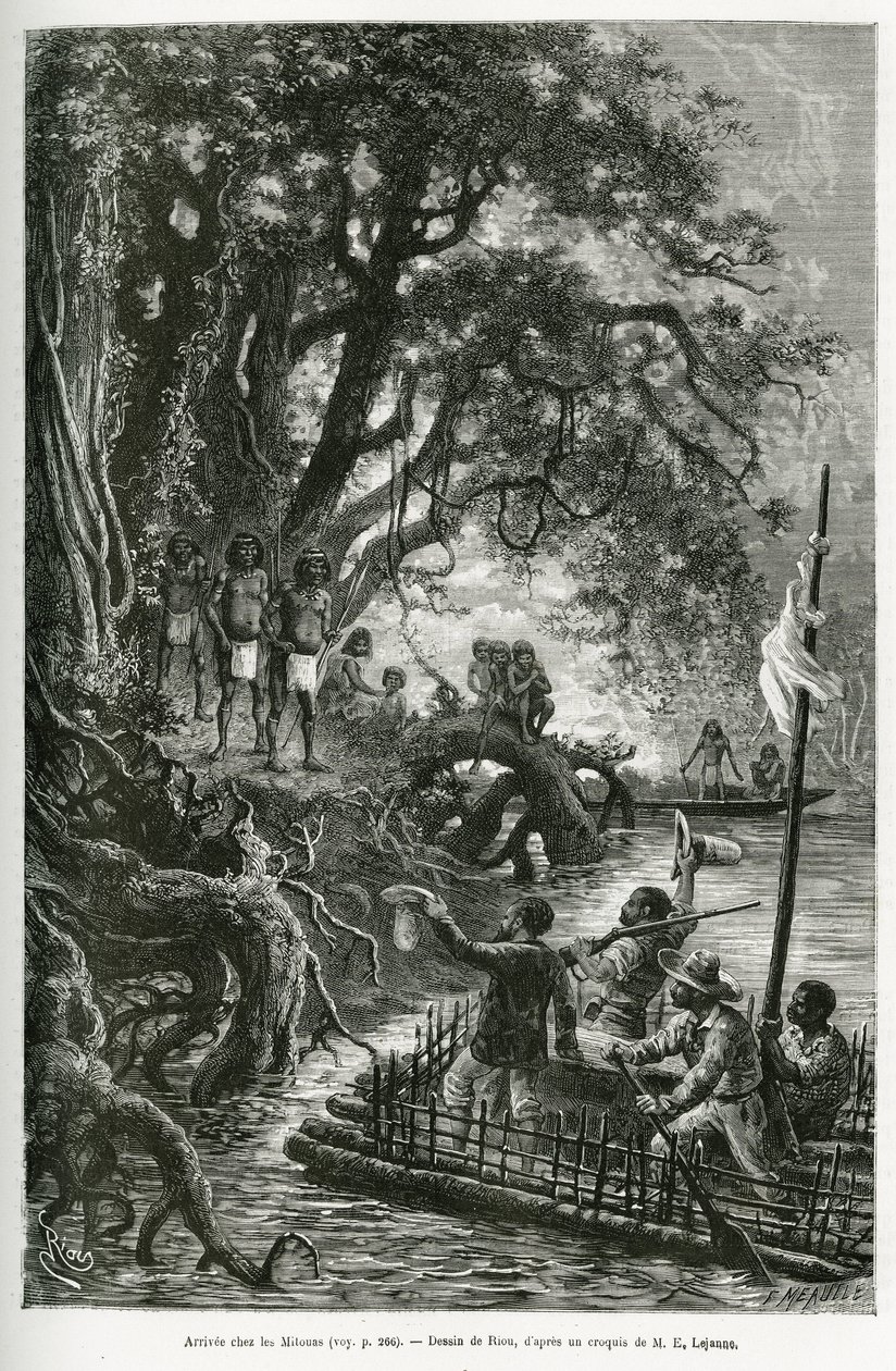 Llegada de la balsa del Dr. Crevaux y E. Lejeanne, a las orillas que bordean el pueblo de Mitouas. Grabado de Riou, para ilustrar el viaje de exploración a través de Nueva Granada y Venezuela, por el Doctor Crevaux, médico de primera clase de la marina y E de Edouard Riou