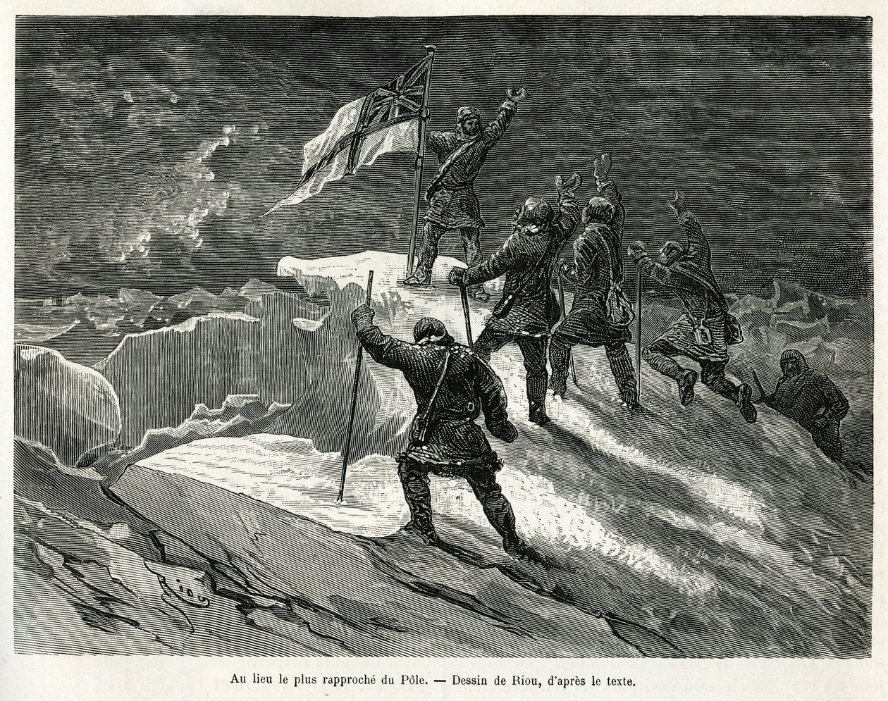 El Capitán George Strong Nares (1831-1915) plantó la bandera británica en el lugar más cercano al polo, ilustración de la historia de un viaje al mar polar en 1875-1876, por el Capitán G.S. Nares. Grabado en Le tour du monde de Edouard Riou