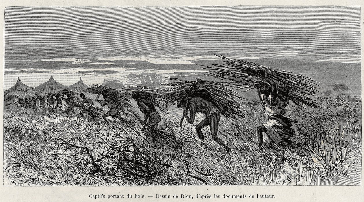 Cautivos cargando madera en el monte. Ilustración de la historia “From Niger to the Gulf of Guinee”, por el Capitán Louis Gustave Binger (1856-1936), en 1887-1889, en Le tour du monde, nouveau journal des voyages, bajo la dirección de Edouard Charton (1807 de Edouard Riou