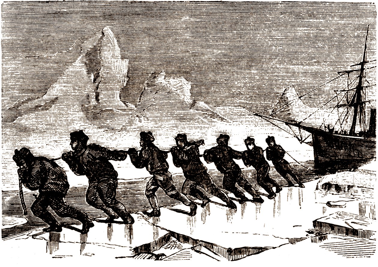 Tripulación de marineros tirando de un velero sobre un témpano de hielo de Edouard Riou