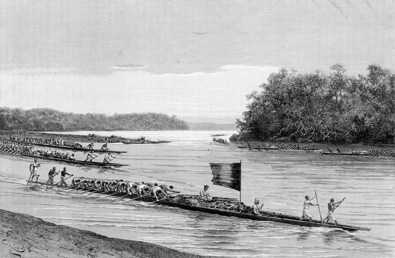 Salida del pueblo de Lambarene en África. En “Viaje en el África Occidental” por Brazza de Edouard Riou