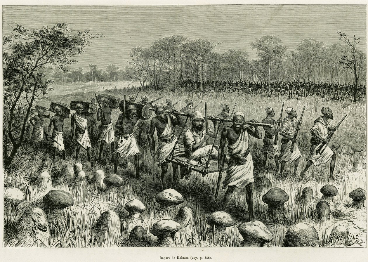 Partida de Kalassa, el narrador viajero en su silla con porteadores. Ilustración de la historia Les lacs de l