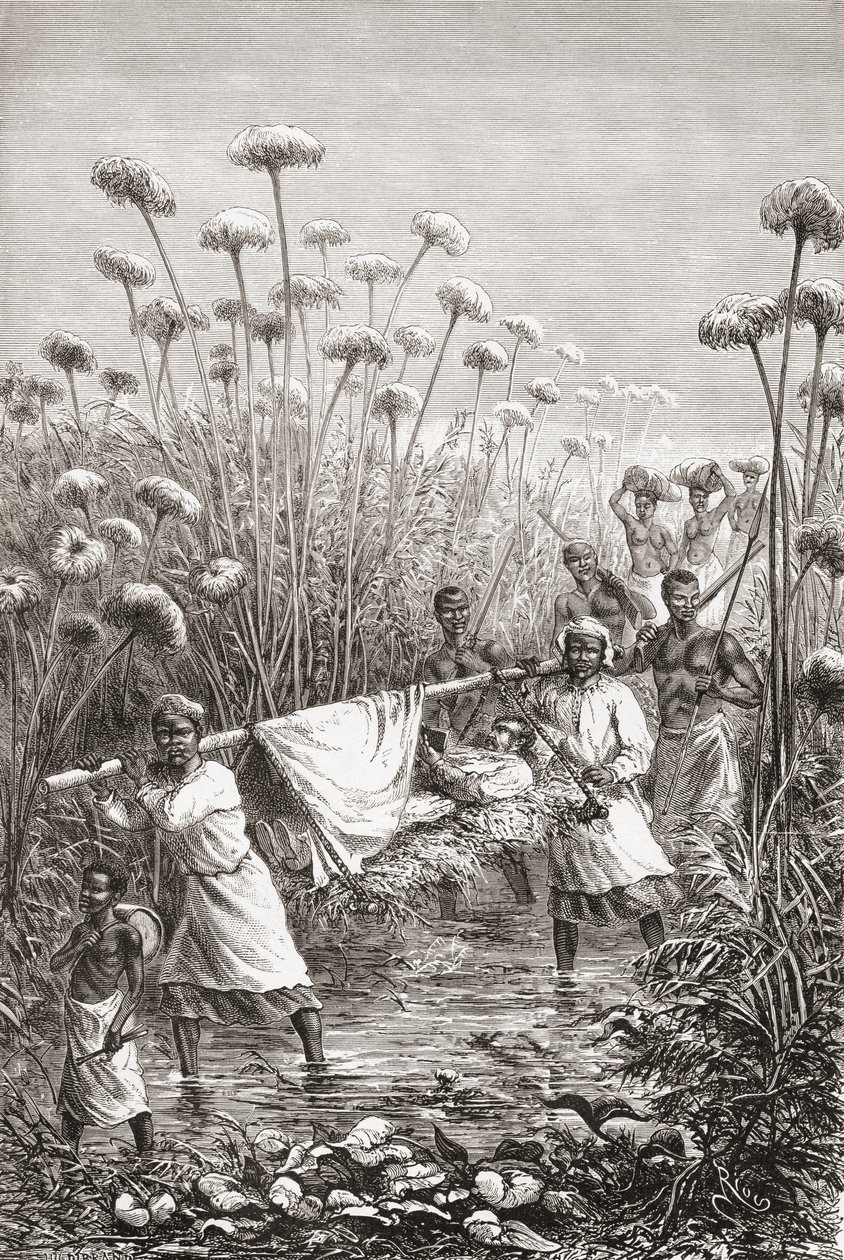 El Dr. David Livingstone siendo llevado los últimos kilómetros al pueblo de Tchitammbo, África, poco antes de su muerte, ilustración de "El mundo en las manos", grabado por Henri Theophile Hildibrand de Edouard Riou