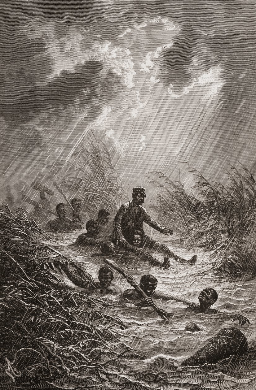 El Dr. David Livingstone siendo llevado a través de un pantano por porteadores durante su expedición a África en 1872, ilustración de "El mundo en las manos", grabado por Charles Laplante de Edouard Riou