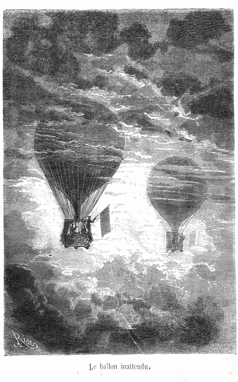 Dibujo del libro de Jules Verne "Cinco semanas en globo" colección Hetzel/Viajes Extraordinarios. El globo Victoria se encuentra con otro globo en las nubes de Edouard Riou