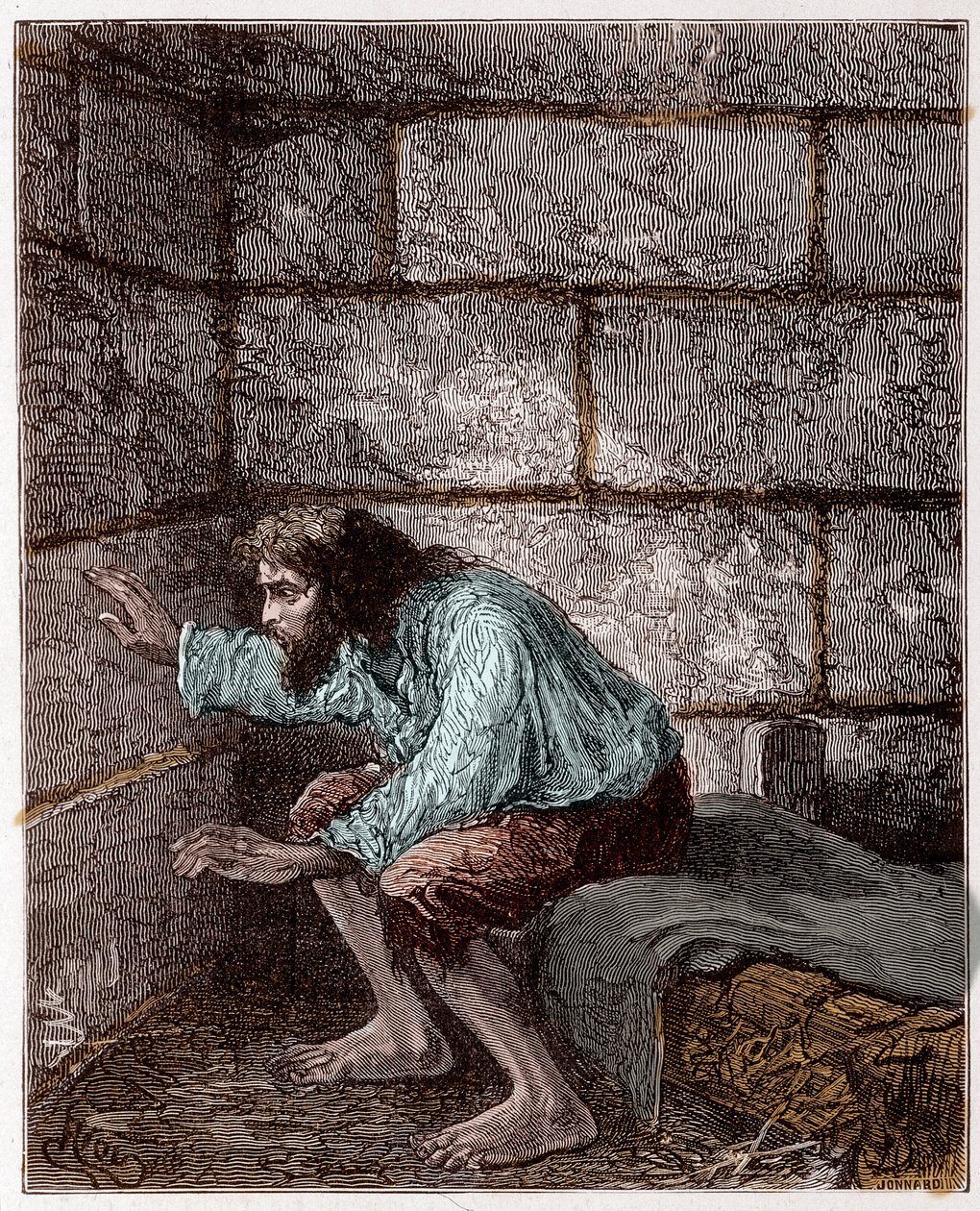 Edmond Dantes, alias el Conde de Montecristo en su prisión - Grabado por Riou, en “El Conde de Montecristo” por Alexandre Dumas de Edouard Riou