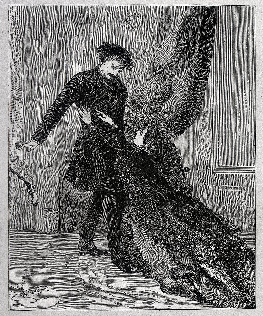 Edmond Dantès y Mercedes - Grabado de Riou, en “El Conde de Montecristo” de Alexandre Dumas padre (1802-1870), ed. Jules Rouff & Cie de Edouard Riou